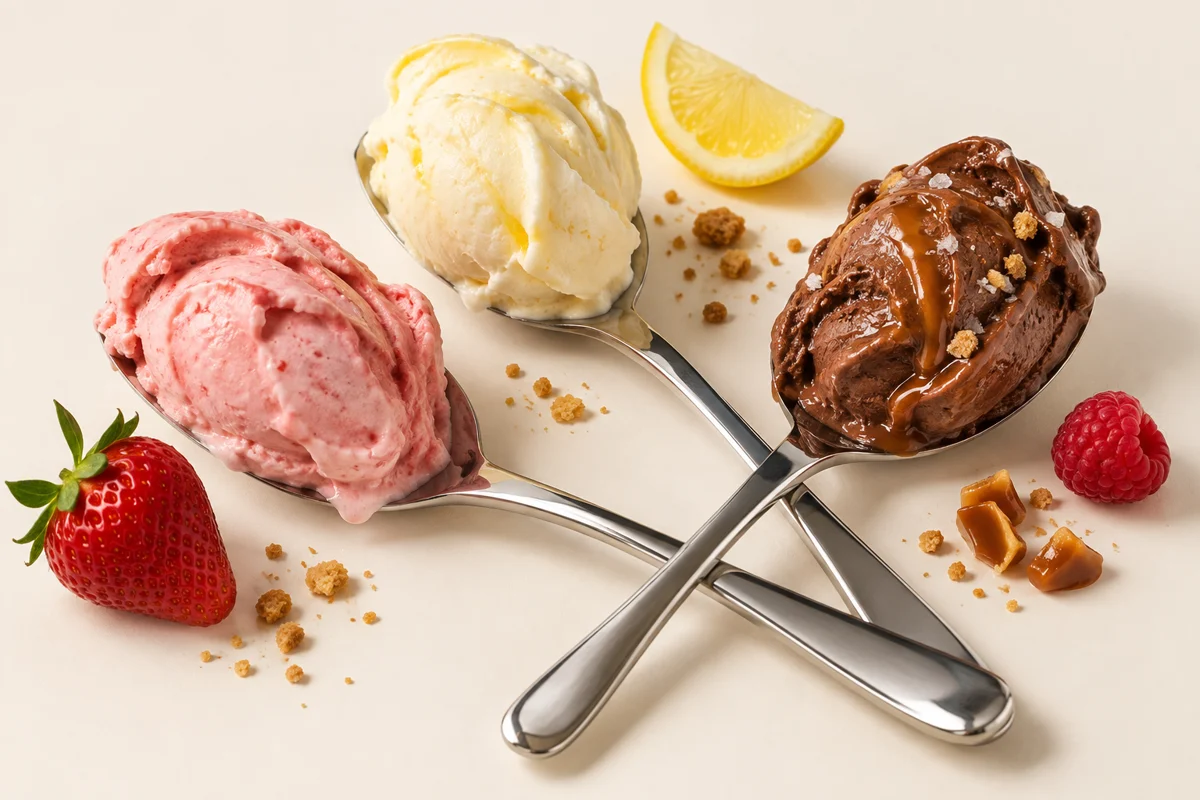 Composição de gelatos cremosos em colheres, com frutas e caramelo